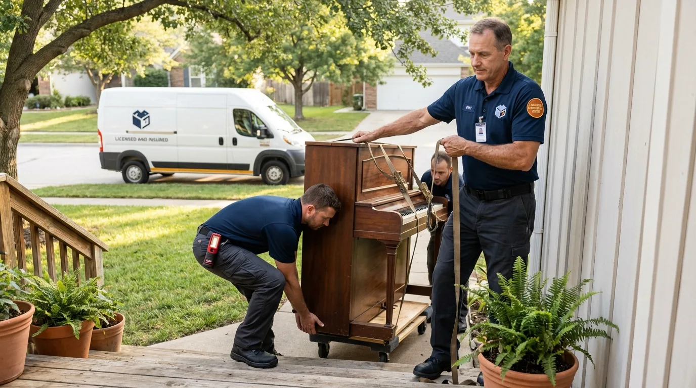 Licensed piano movers securing grand piano in Morton Grove, IL
