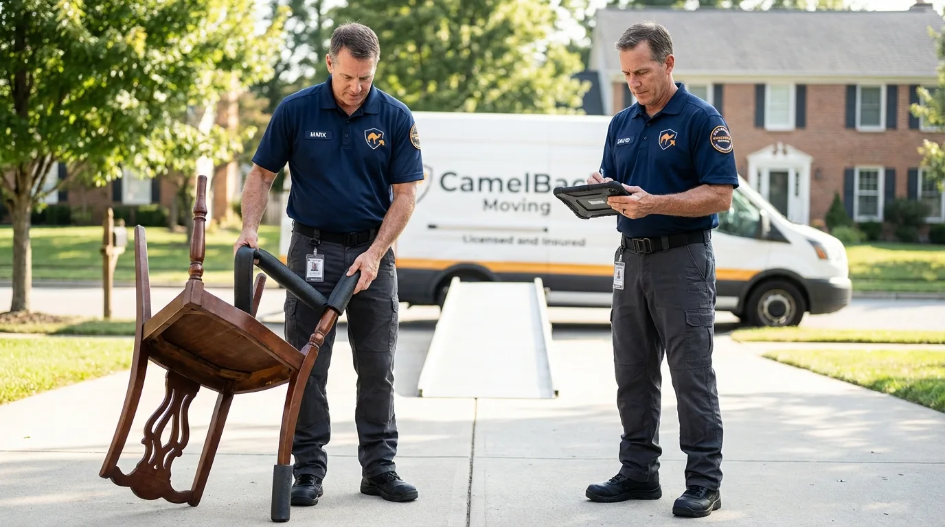 Movers inspecting furniture for damage prevention before loading in Morton Grove, IL