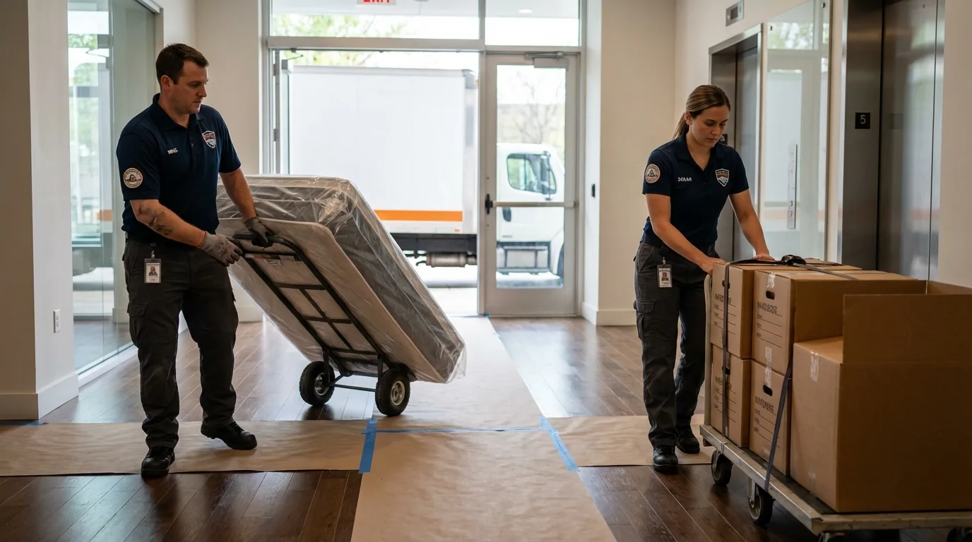 Professional apartment movers loading elevator in Morton Grove, IL