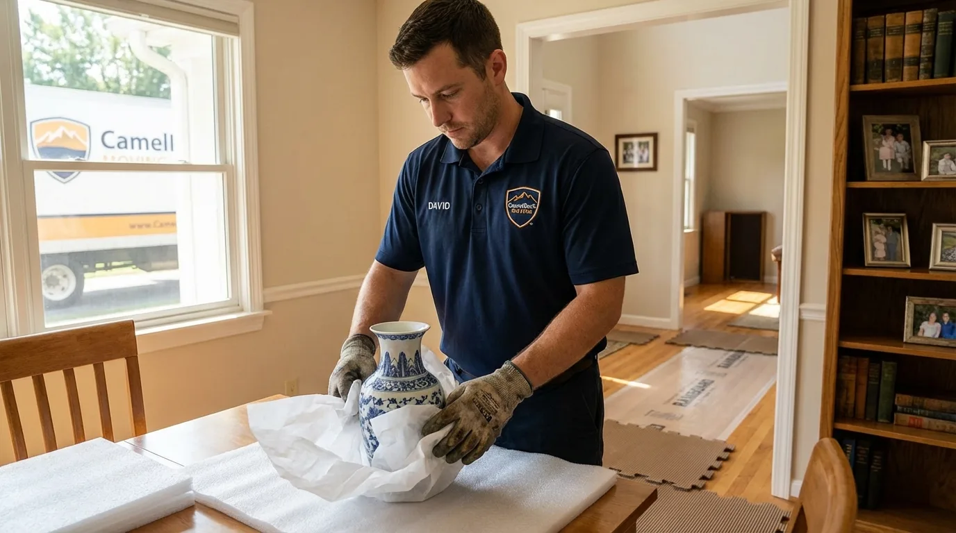 Professional crew carefully wrapping antique vase for senior downsizing move in Morton Grove, IL